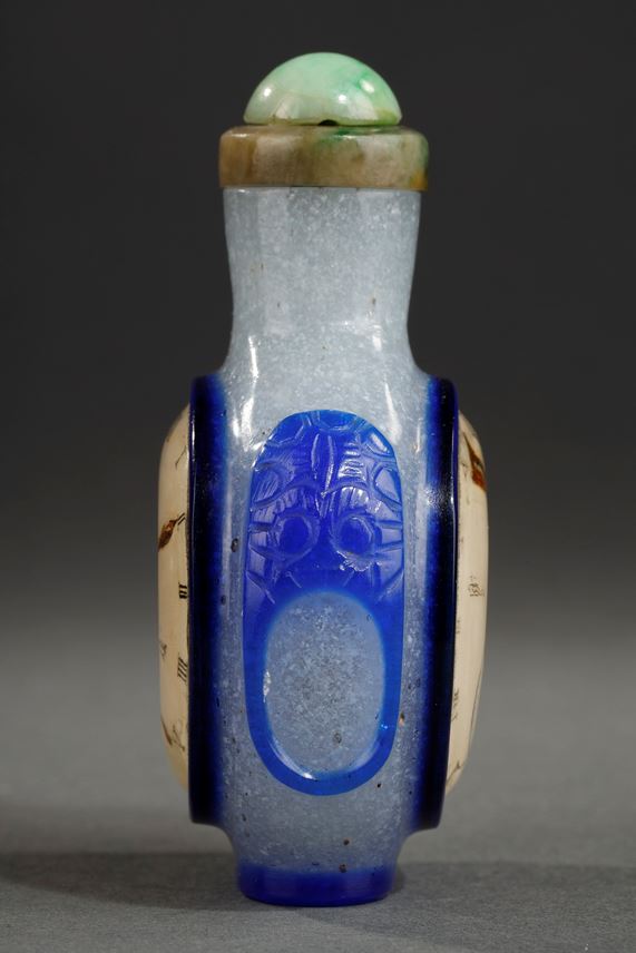 Blue overlay glass snuff bottle with a rare representation of a watch on each side in eglomized glass | MasterArt
